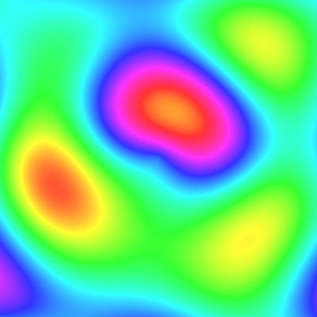 A smooth, colourful plasma pattern of interfering waves — blues, greens, yellows, oranges, magentas — generated entirely by a compute shader.