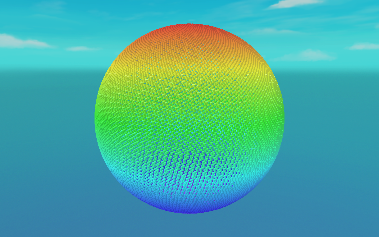 A large sphere made of tens of thousands of tiny coloured cubes, tinted from red at the top through green to blue at the bottom, floating against a sky — each cube a separate entity.