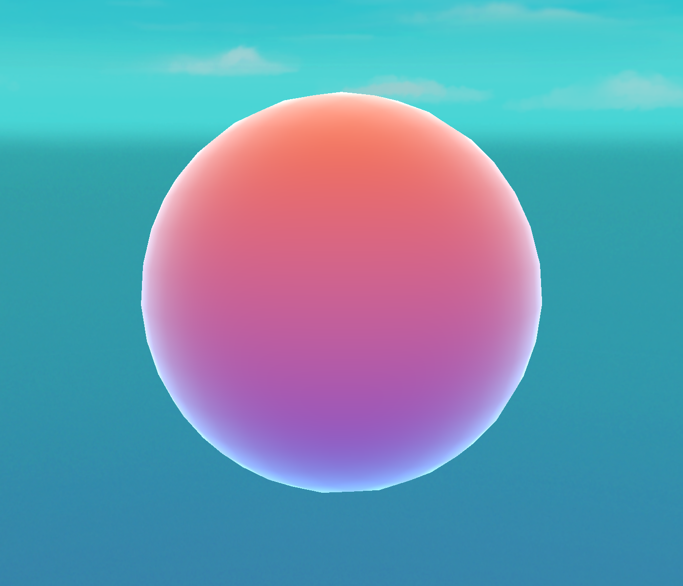 A sphere shaded with a hand-written HLSL shader: an orange top fading through pink to a blue bottom, with a soft cyan rim glow around its silhouette, against a sky.