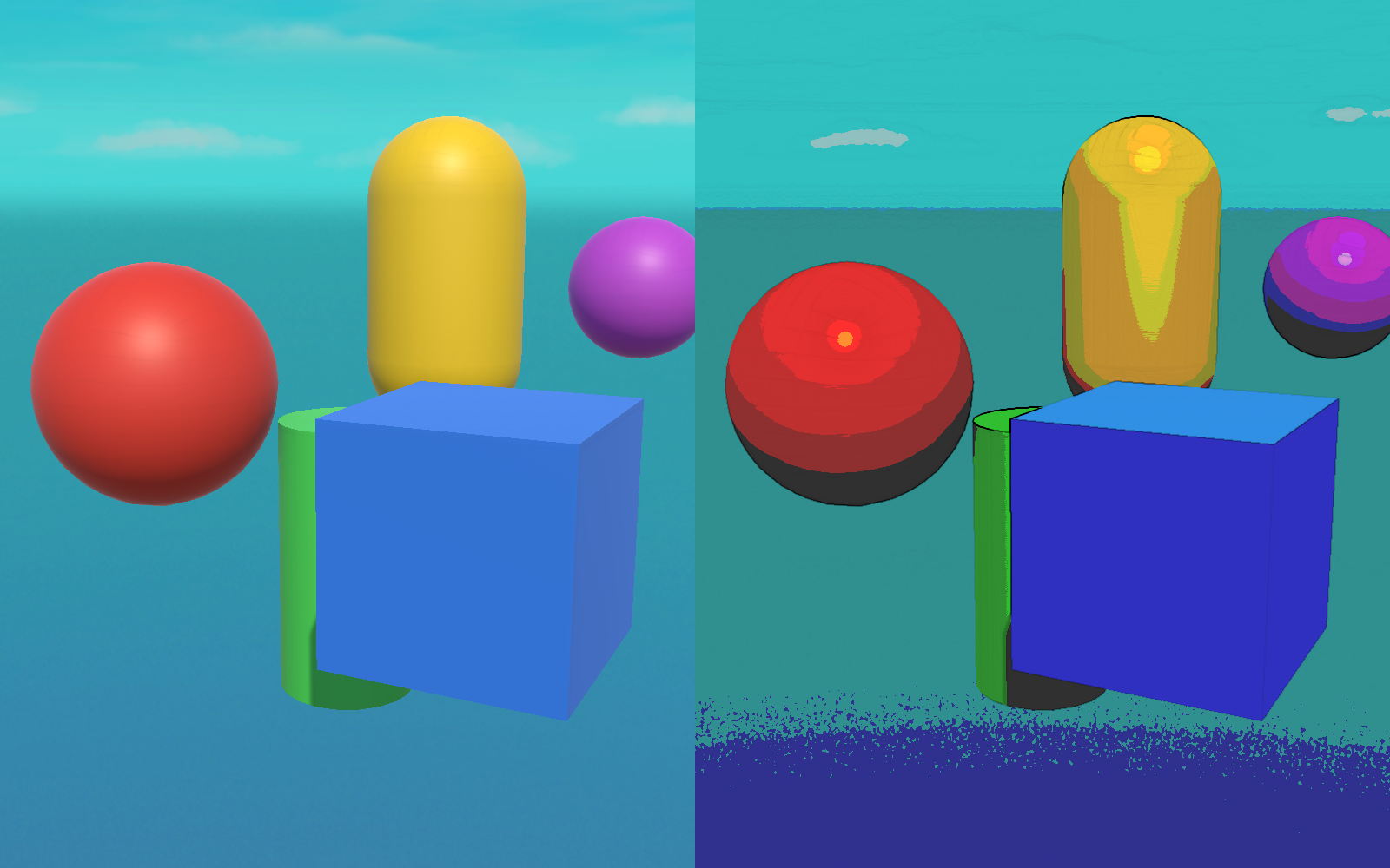 Left: a normal render of colourful primitive shapes against a sky. Right: the same scene with a comic-book post-process — colours reduced to flat bands and dark ink outlines traced around every edge.